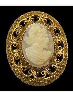 Vintage Florenza Brooch Carved Shell Cameo Pin Gold-Tone Filigree 1-7/8 Inches L